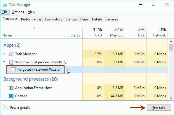 How to close forgotten password wizard task if it not working