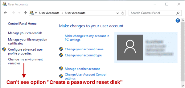 No option for creating a password reset disk