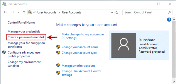 Windows 10 Create a password reset disk link not working